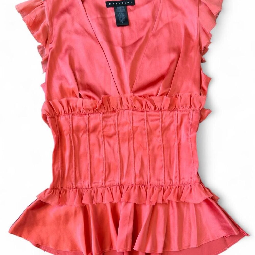 VTG Y2K Parallel Coral Red Silk Blend Smocked Peplum Blouse Top- Size 2